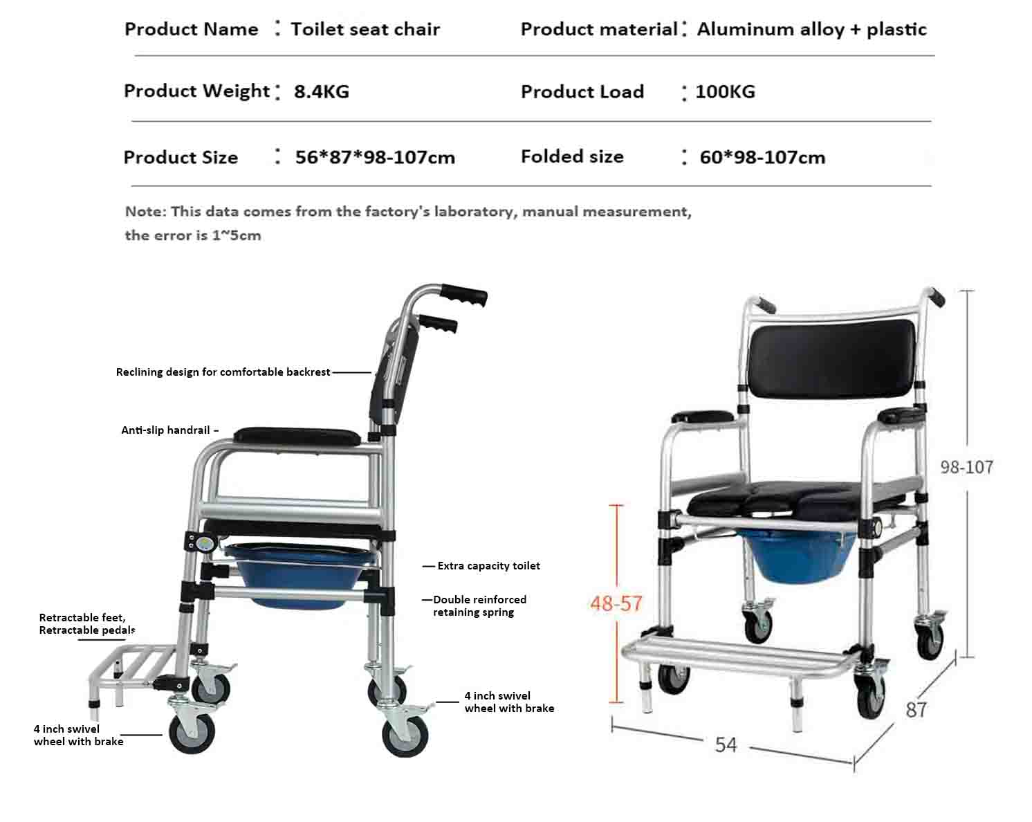 Aluminum portable wheel chair commode 